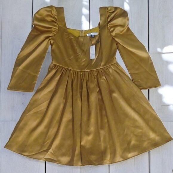 Revolve Mirabel Satin Mini Babydoll Dress Gold Chartreuse Size S NWT - Picture 5 of 14